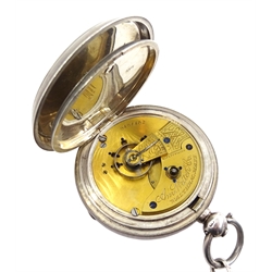 Victorian silver pocket watch, key wound by Waltham Mass, No. 5454452, Birmingham 1892, on silver Albert T bar chain stamped 