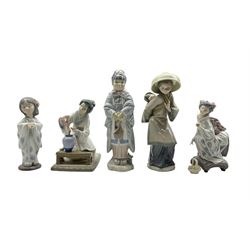 Five Lladro figures comprising 'Flower Arranger' no. 4840,  'Bearing Flowers' no. 6151, ‘Yuki’ 1448, 'Chinese Woman with Baby' and one other (5)