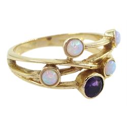 9ct gold opal and amethyst ring, hallmarked