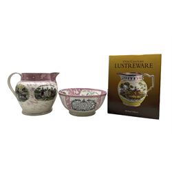 19th century Sunderland pink lustre jug with four coloured Masonic panels H20cm and a Sunderland bowl with the Mariners compass and Arms, the interior with verse, Ancient Order of Foresters etc D23cm and a volume '19th century Lustreware'  by Michael Gibson