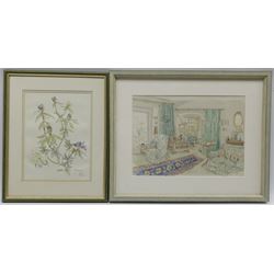 Jill Mary Dickin (British ?-2020): Interior Scene and 'Rhododendrons', two watercolours signed; Stan Piercy (20th century): Inquisitive Terrier, oil on board signed, max 39cm x 30cm (3) 
Provenance: Dickin's estate
