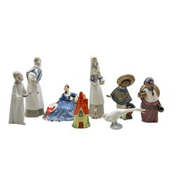 Two Lladro Gres figures of a Mexican boy and Girl, H20cm, four other Lladro figures and a Doulton & Co. figure Elyse (7)