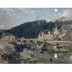 Owen Bowen (Staithes Group 1873-1967): 'Dinan Brittany' - Fishing Village at Moonlight, oil on canvas signed, labelled verso 37cm x 47cm