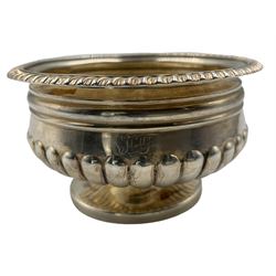 George IV silver sugar bowl, of circular semi-fluted form with raised gadrooned rim and plain circular foot, engraved monogram,  by William Eley II, London 1825 