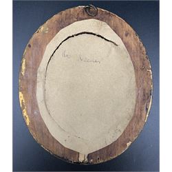 Early 20th century oval porcelain miniature with a half length portrait of Madame Necker within a gilt and cobalt blue border and giltwood frame, inscribed 'Mme Necker' verso, 9cm x 7.5cm, a printed miniature in copper frame and another depicting Reed Harvest at Thurne Dyke, indistinctly signed (3)