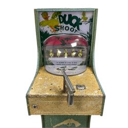 Early 1960s 'Dippy Duck Shoot' upright coin-operated arcade machine, formally 1d. play, now 2p decimal, acrylic dome enclosing five duck targets within a painted lake landscape, chrome gun with captive mounting, folding step for younger players to the base