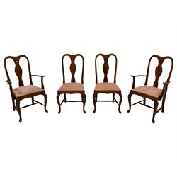 Set four (2+2) stained beech dining chairs, shaped cresting rail over vase shaped splat, on cabriole supports