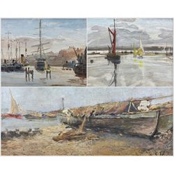 English Impressionist School (20th Century): Ships in the Harbour, oil on board unsigned, inscribed verso 22cm x 30cm; with two other similar 20th Century Shipping scenes variously signed and inscribed max 12cm x 20cm (3)