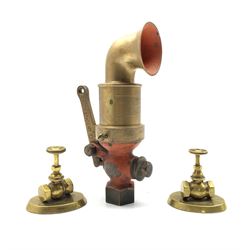 Sydney Smith & Sons Patent brass 'Gun Syren' H22cm together with a pair of Bengal Brass Ltd advertising paperweights in the form of stop valves (3)