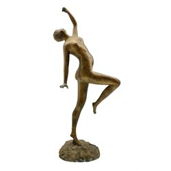 Early 20th century Continental gilt bronze model of a nude dancer, unsigned, H48cm 