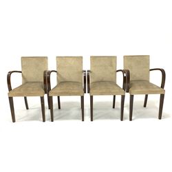 Set four early 20th century Art Deco oak elbow chairs, with curved open arm rests, back and seat upholstered in beige velvet, raised on square tapered supports W54cm
