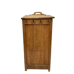 19th century French pine bread bin, pierced pediment over sloped hinged lid, panelled sides with pierced airing holes to the rear, the front frieze fitted with four hooks