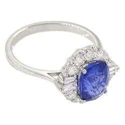 18ct white gold sapphire, baguette and round brilliant cut diamond cluster ring, stamped 750, sapphire approx 2.60 carat, total diamond weight approx 0.60 carat