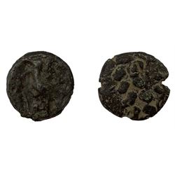Iron Age bronze core for plated stater, gold Ferriby type, obverse depicting laureate head of Apollo, reverse showing horse beneath star, circa 20-50 BC; Iron Age bronze Potin, probably of the Thurrock type, Class I, obverse showing bust facing left, reverse deping a charging bull, circa 1st-2nd century BC, identified by York Museum (2)