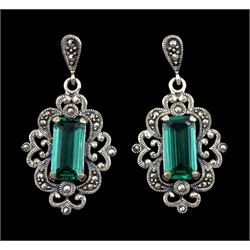 Silver green stone and marcasite filigree design pendant stud earrings, stamped 925