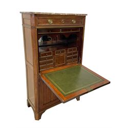 Late 18th century mahogany secrétaire à abattant, rectangular marble top with canted front corners over a single frieze drawer with pressed brass plates, the featherbanded facia surrounded with giltwood moulding, the fall-front with leather inset interior enclosing a fitted interior with a mirrored back and assortment of correspondence drawers, the double cupboard to the base concealing a single drawer, lower moulded edge over bracket feet