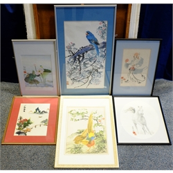Chinese School (20th century): Five watercolours with various character signatures, and a further landscape silk embroidery, max 58cm x 30cm (6)