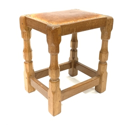 Yorkshire oak - oak joint stool, rectangular studded leather top, on octangular supports joined by stretchers,  