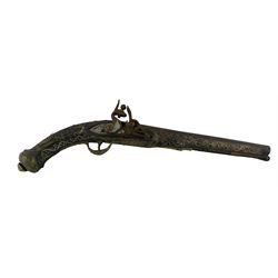 North African Atlas mountains flintlock pistol inset with cut brass decoration with brass pommel and a North African powder horn (2)
