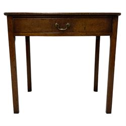 George III oak side table, rectangular top with rounded corners, fitted with single drawer, raised on inner chamfered square supports