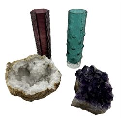 Amethyst crystal specimen, quartz geode and two Whitefriars style glass vases (4)