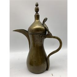 Early 19th century glass triple ring neck decanter, another decanter, Syrian copper ewer with engraved mark and a treen four division egg cruet