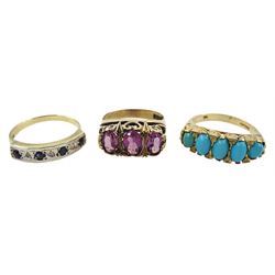 Gold five stone turquoise ring, three stone amethyst ring and a diamond and sapphire half eternity ring, all hallmarked 9ct (3)
