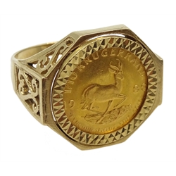 1988 gold 1/10 Krugerrand, loose mounted in 9ct gold ring hallmarked