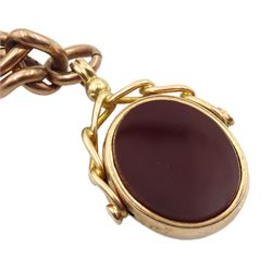 Late 19th/early 20th century rose gold curb bracelet with spring loaded clip, each link stamped 9.375, with a Victorian 15ct rose gold bloodstone and carnelian swivel fob, Birmingham 1898