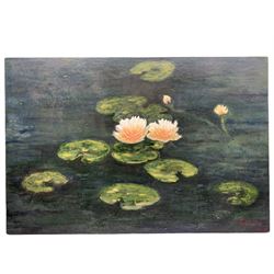 J Ridout (British 20th century): Water Lilies, oil on board signed and dated 1995, 61cm x 92cm (unframed)