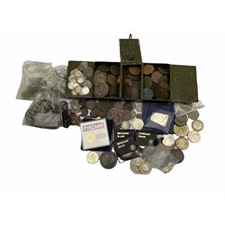 Coins including Great British pre-decimal, George III cartwheel twopence, small number of pre 1947 silver coins, Queen Elizabeth II five pound coins etc