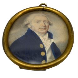 After Charles Robertson - Irish School oval portrait miniature, watercolour on ivory of a gentleman wearing a blue coat, inscribed on the reverse 'Rt. Hon. John Staples of Lissane'. 6cm x 5cm.  He was Irish Member of Parliament 1765-1802.This item has been registered for sale under Section 10 of the APHA Ivory Act