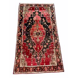 Persian Hamadan design hand knotted red ground rug with geometric medallion and stylised boarder 156cm x 300cm  