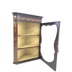 Edwardian Sheraton design inlaid mahogany corner cabinet with glazed door enclosing two shelves W70cm