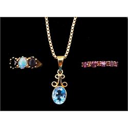 Gold blue topaz pendant necklace, gold three stone opal and sapphire ring and a five stone garnet, all 9ct