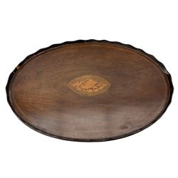 Edwardian mahogany oval tray with shell inlaid decoration W71cm