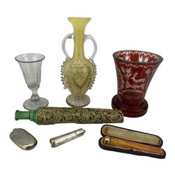 19th century Bohemian ruby flash glass vase, etched with stag in a woodland, H12.5cm, Victorian amber cheroot holder with 15ct rose gold collar, Birmingham 1896, in fitted case, Art Nouveau style brass mounted glass scent bottle, silver-plated vesta case etc (7)