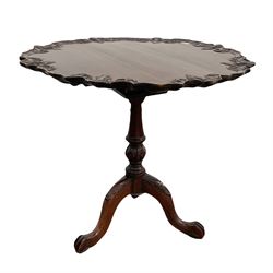 Georgian style mahogany tilt top table, the pie crust top and bird cage over turned and carved column terminating in three splayed supports