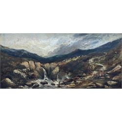 English School (19th Century): Shepherd Beside a Waterfall, oil on canvas unsigned 19cm x 39cm 