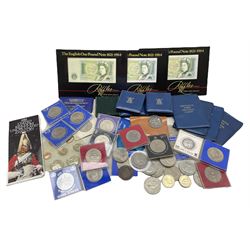 Mostly Great British coins including Queen Victoria 1895 crown, two Queen Elizabeth II 1990 five pound coins, 1986  and 1995 two pound coins, various commemorative crowns etc and three Somerset one pound notes