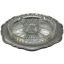 Silver salver with raised border fitted with glass hors d'oeuvres dishes D36cm Sheffield 1936 Maker Viner's Ltd