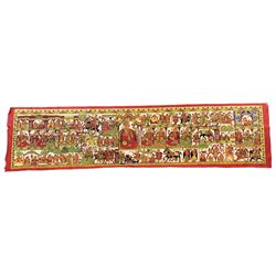 Rajasthan School (20th century): Devnarayan Ki Phad (Par), traditional painted cloth tapestry depicting various episodes of the narrative of the life of the folk deity Devnaryan 75cm x 297cm (unframed)