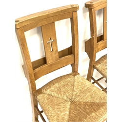 Set four 20th century beech framed chapel chairs with rush seats