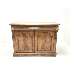 Victorian figured mahogany chiffonier sideboard, fitted with two drawers and two cupboards, enclosed by acanthus carved corbels, raised on plinth base, W128cm, H98cm, D49cm