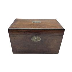 19th century Chinese hardwood tea caddy with brass edge and silvered escutcheon, the simulated Coromandel interior with two glass lined covered containers L24cm