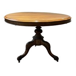 Victorian mahogany breakfast table, the circular top over one turned column, leading into three splayed supports, terminating in brass castor 