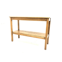  Rectangular oak two tier side table raised on square chamfered supports, 114cm x 42cm, H77cm  
