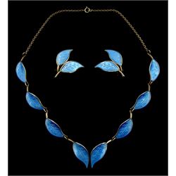 Norwegian silver and blue enamel leaf necklace by David Andersen, with matching pair of clip on earrings, all stamped