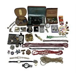 Silver guard chain L140cm, open faced pocket watch in plated case, brass sovereign scales and costume jewellery