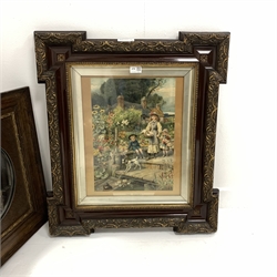 Victorian print 'The Ferry' in ornamental frame 72cm x 62cm together with a 19th/ early 20th century circular bevelled glass mirror set in an square oak surround with giltwood moulding 